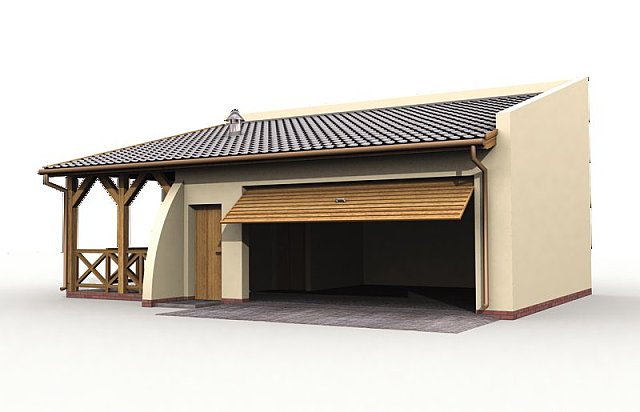 Garaż dwustanowiskowy, wolno stojący, parterowy z pom. gospodarczym, składem na drewno i altaną ogrodową z grillem.
